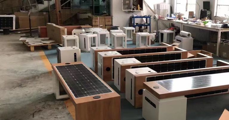 Assembling solar benches in a manufacturing facility
