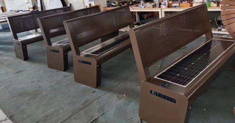 Solar powered bench with steel frame