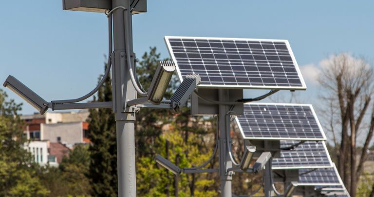 Solar Street Light on a downtown city street.