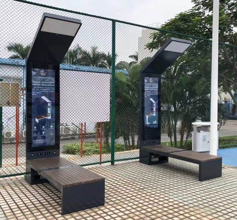 Solar panel bench at an outdoor sports field