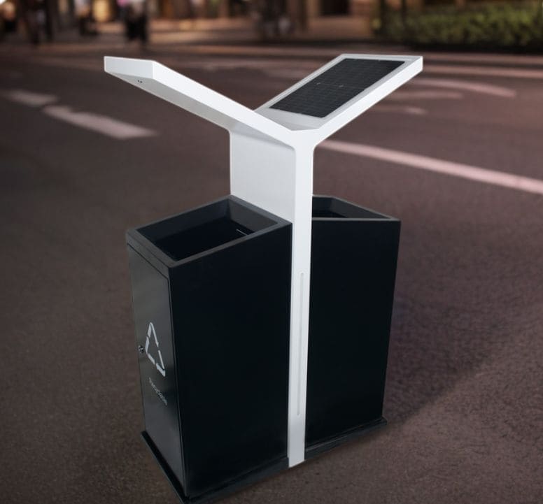 Solar trash bin in a busy commercial street