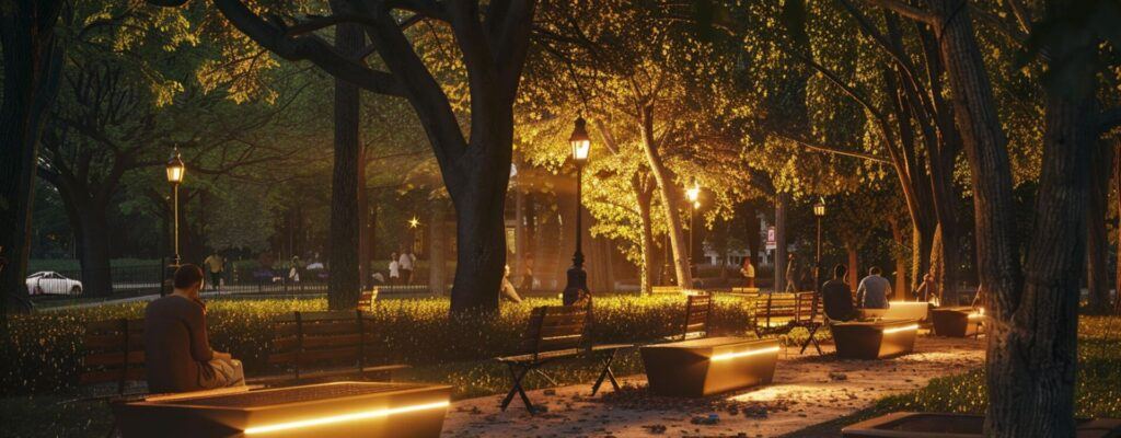 Solar bench project in a park at night