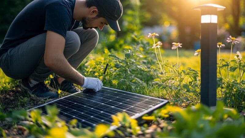 A man cleaning the solar panel of a garden light in the garden