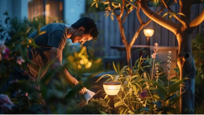 Cleaning the solar panel of a garden light at night