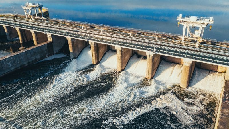 Hydropower plant scene utilizing water for energy