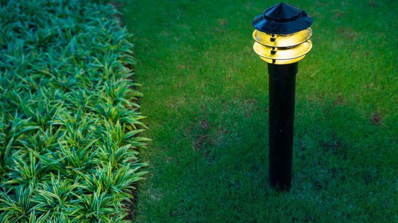 Wired landscape lights in a hotel garden